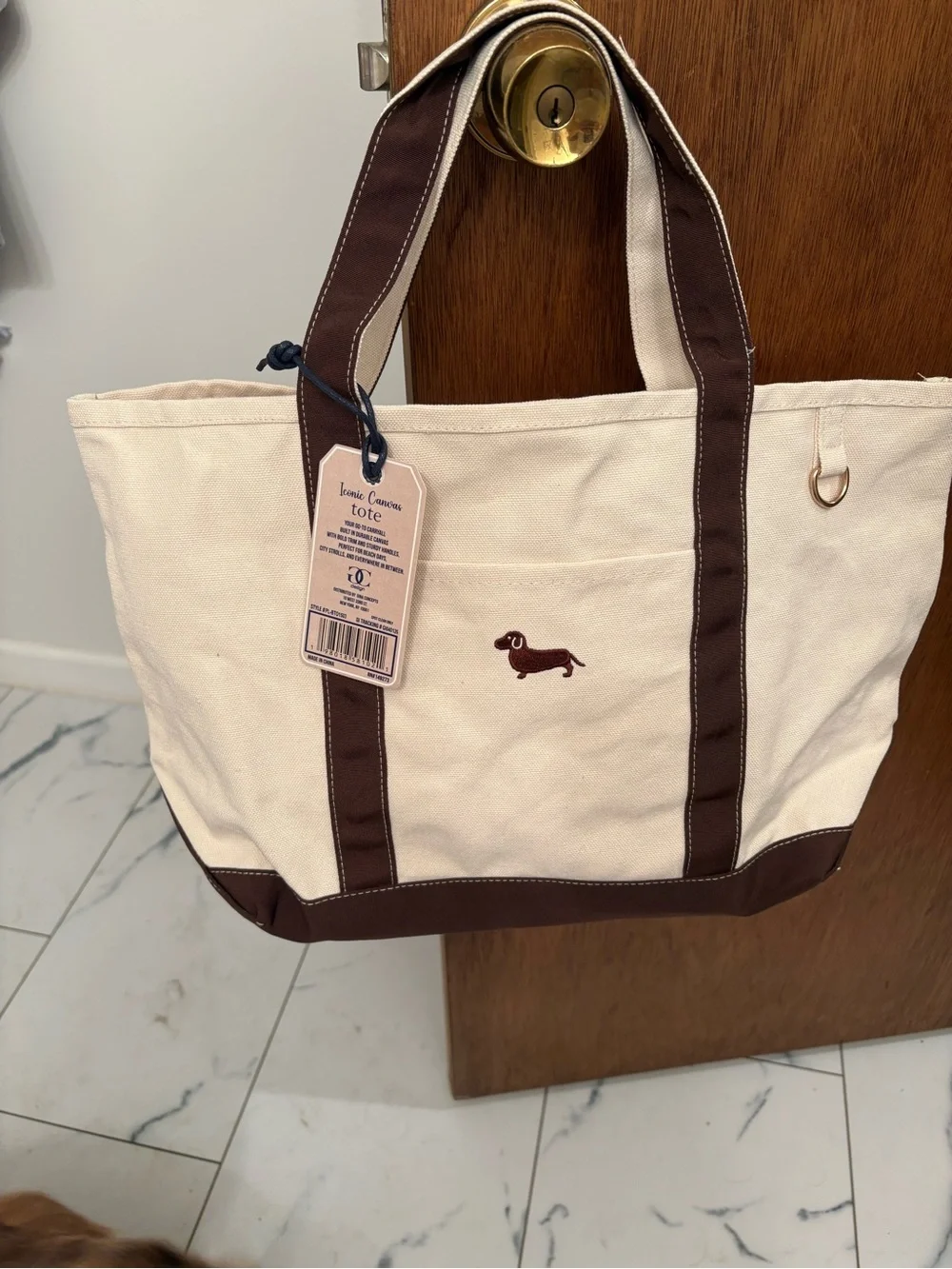 Cream Canvas Tote with Brown Trim and Dachshund Embroidery